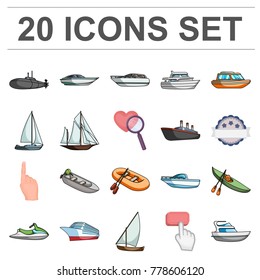 Water and sea transport cartoon icons in set collection for design. A variety of boats and ships vector symbol stock web illustration.