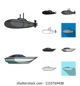 Water and sea transport cartoon,black,flat,monochrome,outline icons in set collection for design. A variety of boats and ships vector symbol stock web illustration.