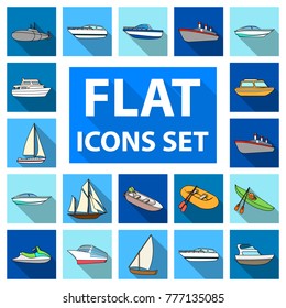 Water and sea transport flat icons in set collection for design. A variety of boats and ships vector symbol stock web illustration.