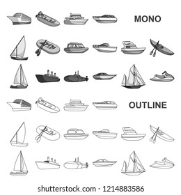 Water and sea transport monochrom icons in set collection for design. A variety of boats and ships vector symbol stock web illustration.