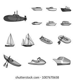 Water and sea transport monochrome icons in set collection for design. A variety of boats and ships vector symbol stock web illustration.