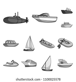 Water and sea transport monochrome icons in set collection for design. A variety of boats and ships vector symbol stock web illustration.