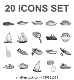 Water and sea transport monochrome icons in set collection for design. A variety of boats and ships vector symbol stock web illustration.