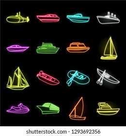 Water and sea transport neon icons in set collection for design. A variety of boats and ships vector symbol stock web illustration.