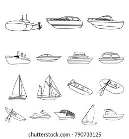 Water and sea transport outline icons in set collection for design. A variety of boats and ships vector symbol stock web illustration.