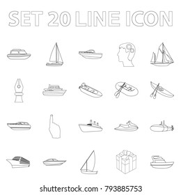 Water and sea transport outline icons in set collection for design. A variety of boats and ships vector symbol stock web illustration.