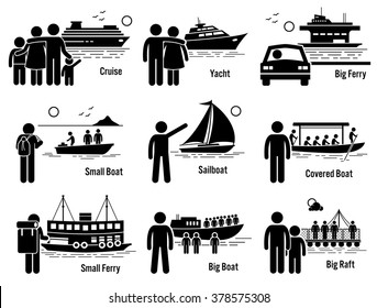 Water Sea Transportation Vehicles and People Set