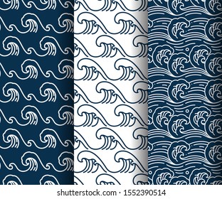 Water sea wave vector seamless pattern set. sachiko art.