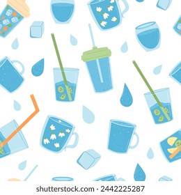 Patrón sin costuras de agua. Vasos y tazas con un fondo sin fin de bebida de aroma limpio. Bebida de agua con hielo, fruta y gota de agua repetir cubierta. Ilustración plana vectorial.
