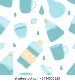 Water seamless pattern. Glasses, jug bottles and cups with clean beverage endless background. Aqua drink repeat cover. Vector flat illustration.