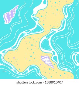 Water seamless pattern with sea coast, shell, sand and waves. Vector summer vacation background for fabric design, wrapping paper, web.