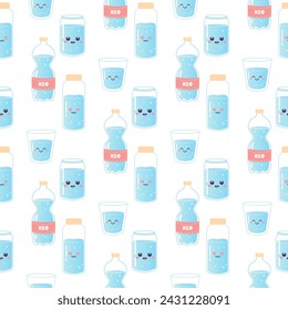 Water seamless pattern, soda, drink, bottle, can, h2o vector illustration 