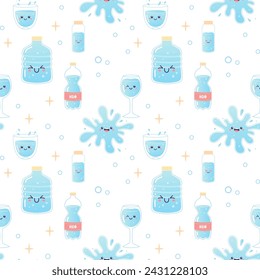 Water seamless pattern, soda, drink, bottle, can, h2o vector illustration 