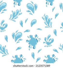 Water seamless pattern. Splashes and drops of water background. Ecology, nature. Perfect for design of gift wrap, textile, decoration, banner, poster, website, wallpapers. Vector cartoon illustration