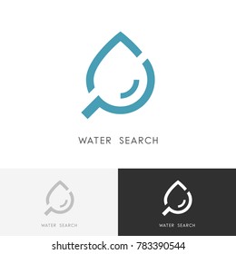 Water search logo - drop of liquid or oil and loupe or magnifier symbol. Laboratory, research and ecology vector icon.