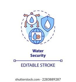 Icono de concepto de seguridad del agua. Agua fresca. Ilustración de línea delgada de ideas abstractas de gestión de fuentes líquidas. Dibujo de contorno aislado. Trazo editable. Fuentes Arial, Myriad Pro-Bold utilizadas
