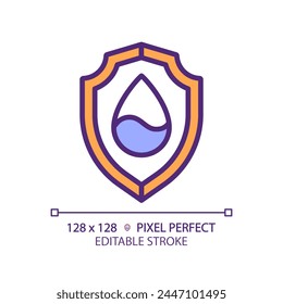 Water security RGB color icon. Access to drinking water. Social issue. Water droplet and shield. Isolated vector illustration. Simple filled line drawing. Editable stroke. Pixel perfect