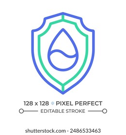 Water security two color line icon. Access to drinking water. Social issue. Water droplet and shield bicolor outline symbol. Duotone linear pictogram. Isolated illustration. Editable stroke