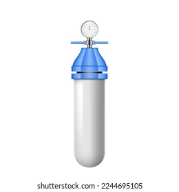Water sediment filter system realistic. Modern filter with plastic cartridge with mesh, pressure gauge and flushing valve isolated on white background. 3d vector illustration