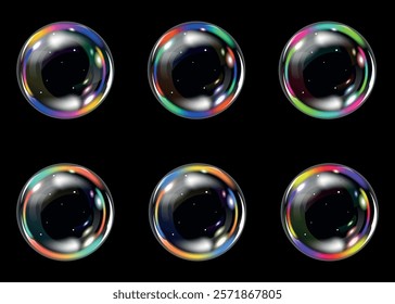 Water serum drop texture. Liquid gel with bubbles circle set. Transparent soap bubbles 3d soap balloons on black background. Foam, powder, soap, detergent. Vector illustration.