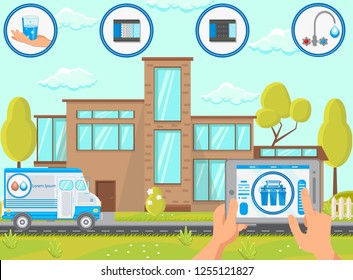 Water Service Business Concept. Repair And Installation Filtration Systems. Reverse Osmosis On Tablet Screen. Water Purification. Destruction Of Bacteria. Vector Flat Illustration.