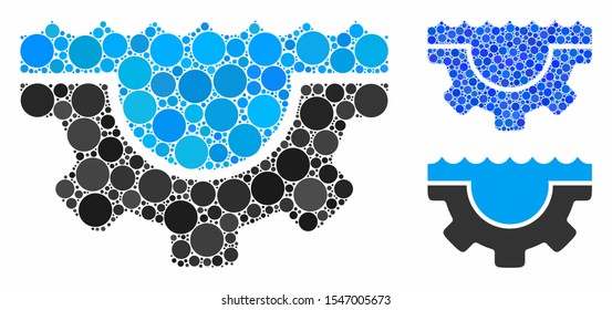 Water service gear composition of round dots in variable sizes and shades, based on water service gear icon. Vector dots are organized into blue composition.