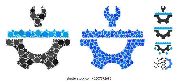 Water service gear composition of spheric dots in variable sizes and color hues, based on water service gear icon. Vector round dots are composed into blue illustration.