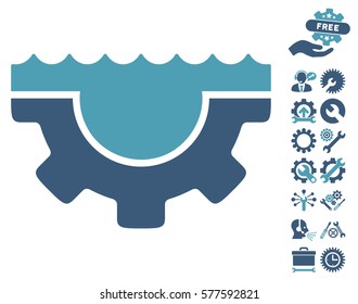 Water Service Gear icon with bonus service clip art. Vector illustration style is flat iconic cyan and blue symbols on white background.