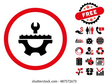 Water Service Gear pictograph with free bonus symbols. Vector illustration style is flat iconic bicolor symbols, intensive red and black colors, white background.