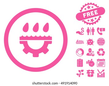 Water Service Gear pictograph with free bonus icon set. Vector illustration style is flat iconic symbols, pink color, white background.