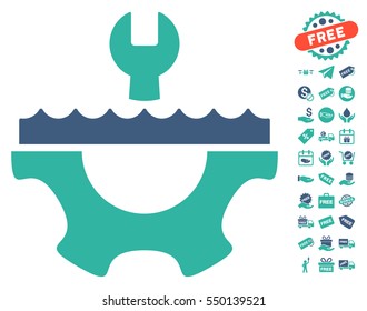 Water Service Gear pictograph with free bonus images. Vector illustration style is flat iconic symbols, cobalt and cyan colors, white background.