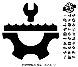Water Service Gear pictograph with free bonus icon set. Vector illustration style is flat iconic symbols, black color, white background.