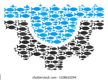 Water service gear vector collage composed from scattered fish elements in heterogeneous sizes. Fish icons are grouped into abstract water service gear concept.