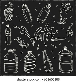 Water. Set with bottles. Vector isolated Illustration on white background for menus, recipes and packages product