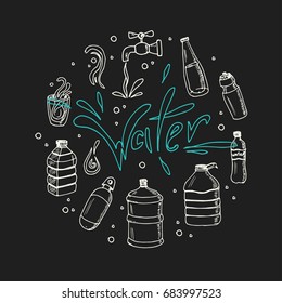 Water. Set with bottles. Vector isolated Illustration on white background for menus, recipes and packages product
