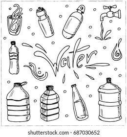 Water. Set with bottles. Vector isolated Illustration on white background for menus, recipes and packages product