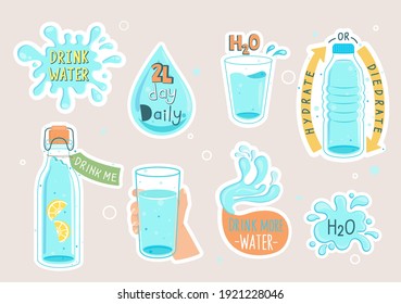 Water set, collection of stickers, icons.Drink more, hydrate or diedrate. Full bottle and glass, splash and water drop with text. Hand drawn cute vector illustartion. H2O for health.