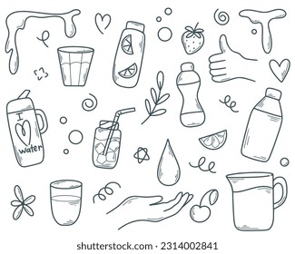 Water set doodle style. Cute simple ink illustration water in glass, bottle, plastic, jug, mug. Sketch fluid collection. Hand drawn vessels with water, isolated vector illustration