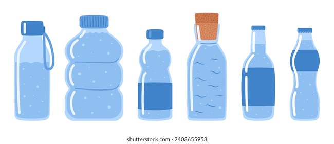 Water set. Drinking water in different plastic and glass bottles. H2O. Vector illustration in doodle style 