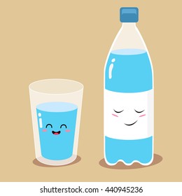 Water set. Funny bottle of water, glass of water. Vector illustration.