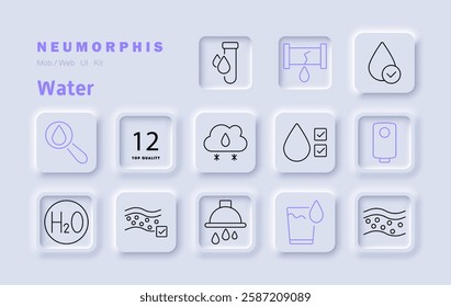 Water set icon. Water analysis, quality certification, rain, leakage, filtration, heater, shower, drinking water, contamination, supply, conservation, purification.