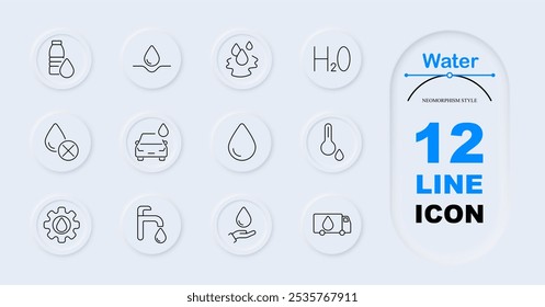 Water set icon. Bottle with drop, drop in wave, blocked, car, H2O symbol, large, thermometer, faucet, hand with drop, water truck.