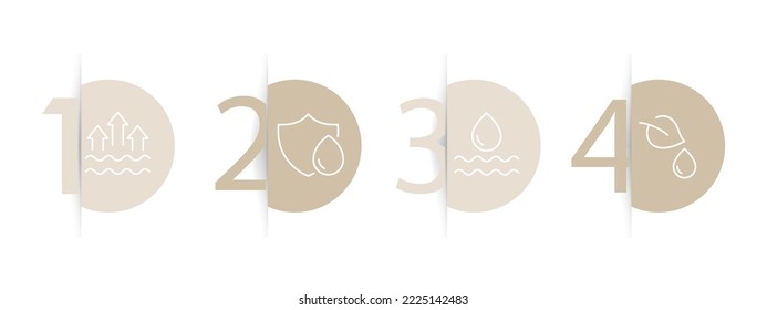 Icono de conjunto de agua. Limpieza, gotas de agua, bebida, mano, flechas hacia arriba, evaporación, lupa, ahorro del agua, análisis, cosméticos a base de agua, naturaleza, cuidado del medio ambiente. Concepto de ecología. Escala informativa