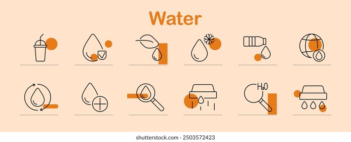 Water set icon. Drink, purification, eco-friendly, drop, frozen, hydration, bottle, global, recycle, filtration, analysis, H2O, sustainability, environment, liquid, health.