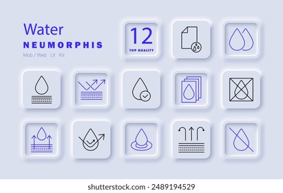 Icono de set de agua Gota de agua, absorción, impermeabilización, resistencia al agua, líquido, humedad, gotas, evaporación, condensación, filtración, purificación, hidratación, agua.