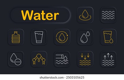 Water set icon. Drop, bottle, cloud, rain, evaporation, global, recycling, tap, filtration, wave, hydration, faucet, purification, environmental, conservation, weather.