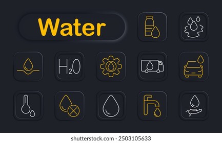 Water set icon. Drop, bottle, cloud, rain, evaporation, global, recycling, tap, filtration, wave, hydration, faucet, purification, environmental, conservation, weather.