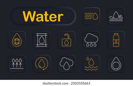 Wasserset-Symbol. Tropfen, Flasche, Wolke, Regen, Verdunstung, global, Recycling, Wasserhahn, Filtration, Welle, Hydratation, Wasserhahn, Reinigung, Umwelt, Erhaltung, Wetter.