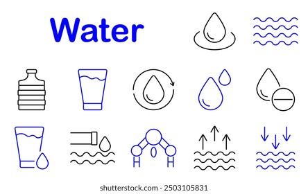 Water set icon. Drop, bottle, glass, flow, H2O, pipe, wave, molecular, filtration, condensation, drink, environmental, sustainability, purity, water cycle.