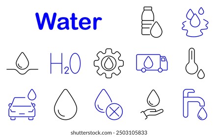 Water set icon. Drop, H2O, gear, bottle, transportation, thermometer, splash, car, hand, purity, hydration, filter, liquid, management, system, conservation.